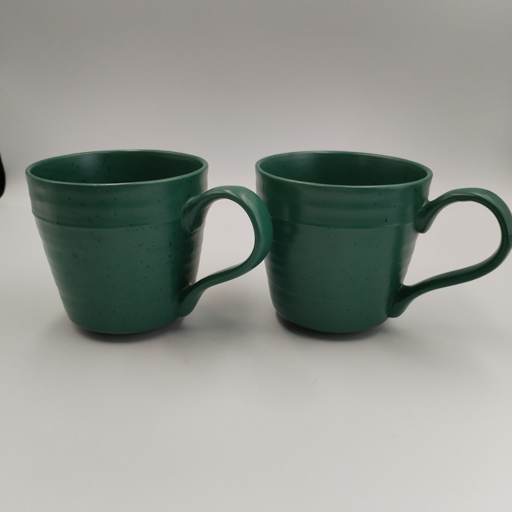Set of 2‎ Bee & Willow Home Green Speckled Mugs Ribbed Stoneware Coffee Cups